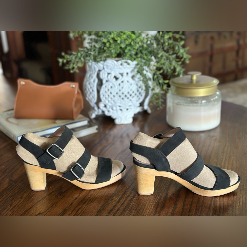 Black three strap JJill buckle sandals, 3 inch heels, size 7.5, worn once.